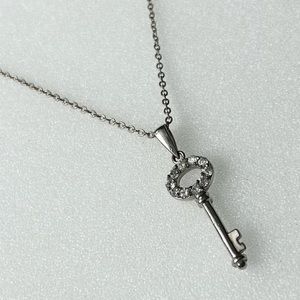 Vintage Mini Oval Key Pendant 1.5” With Rhinestones On Silver Tone Necklace 18”